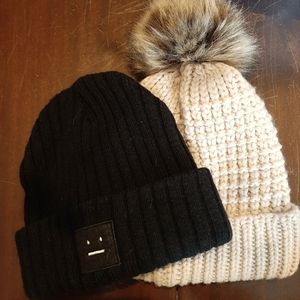 Winter knit hats Beige fleece lined with pom pom, black ribbed & happy f…